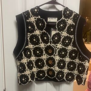 We The Free Black & Cream Crochet Floral Button Vest